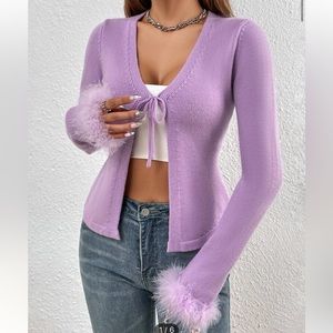 Shien fuzzy cuff knot front cardigan